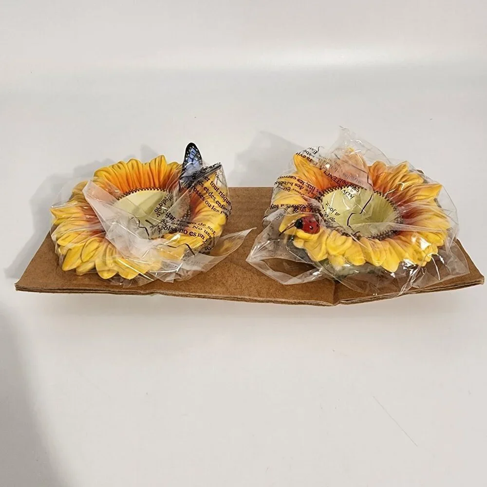 Sunflower Shaped Ceramic Candle Holders With Ladybug Butterfly Accents Partylite - Picture 7 of 11